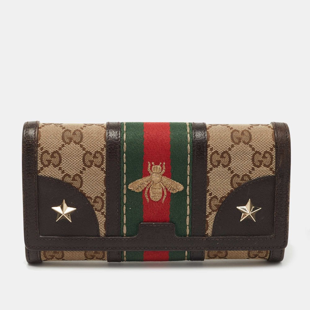 GUCCI Brown/Beige Canvas and Leather Bee Web Continental Wallet